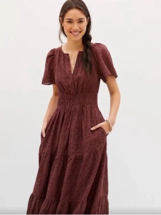 Anthropologie Maeve The Somerset Maxi Dress Eyelet Edition Tiered Smocked Waist - Picture 1 of 7